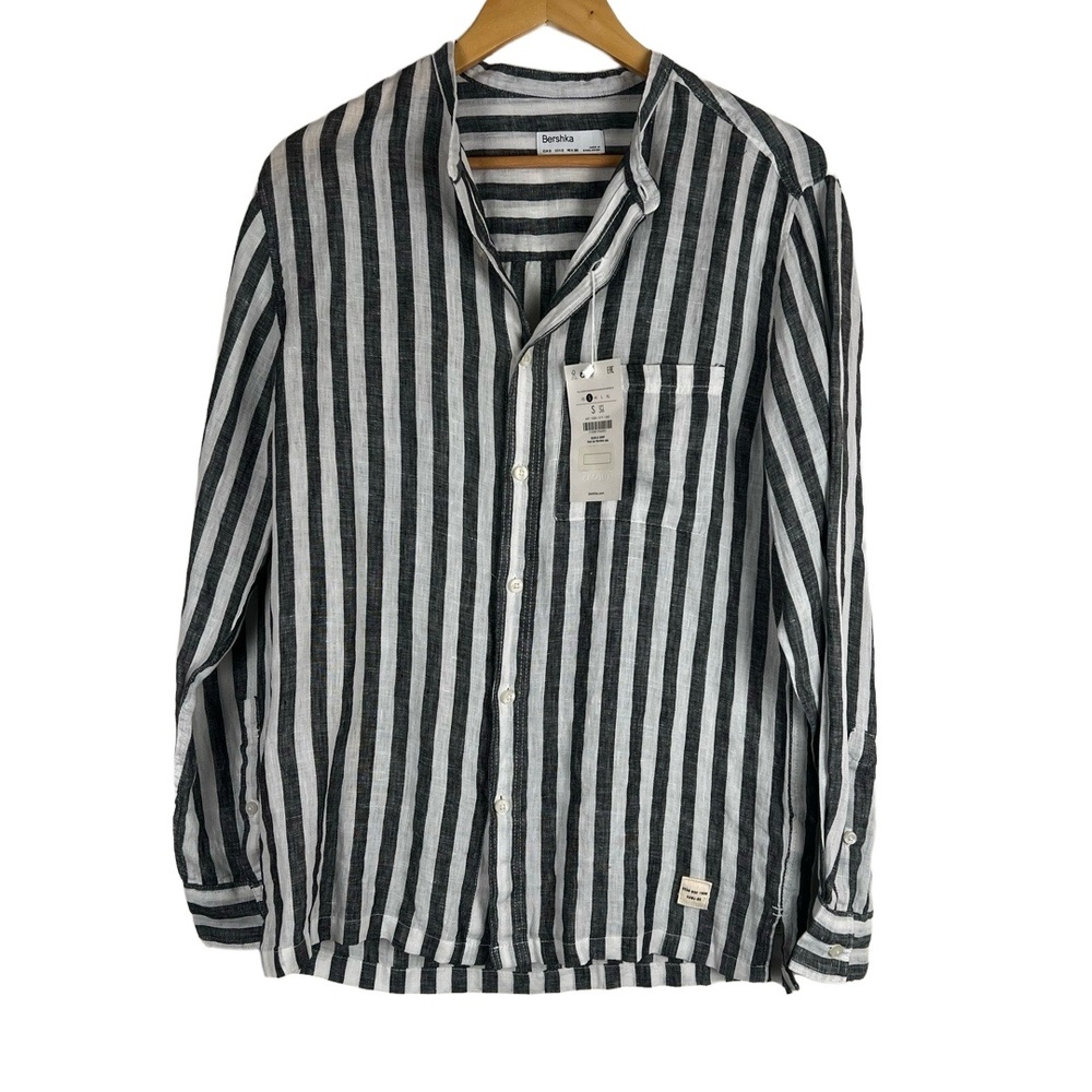 Bershka Linen Shirt Mens Small Striped Oversized No‎ Collar Coastal Quiet Luxury